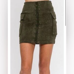 Jealous Tomato Olive Lace-Up Vegan Suede Bodycon Mini Skirt Size M